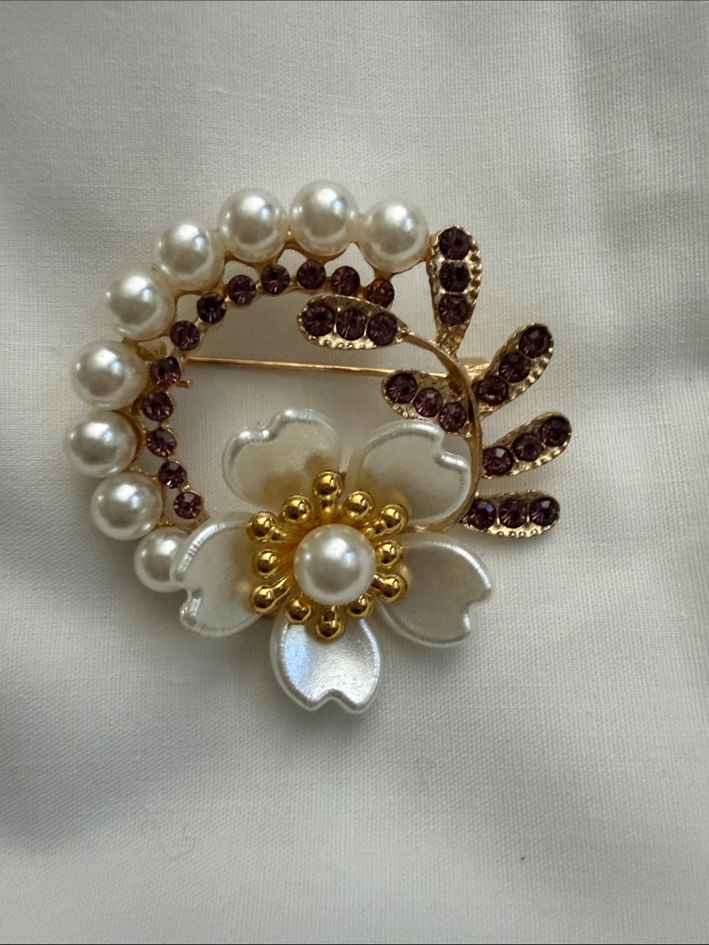 Gold & Pearl Floral Brooch with Purple Crystal Accents
